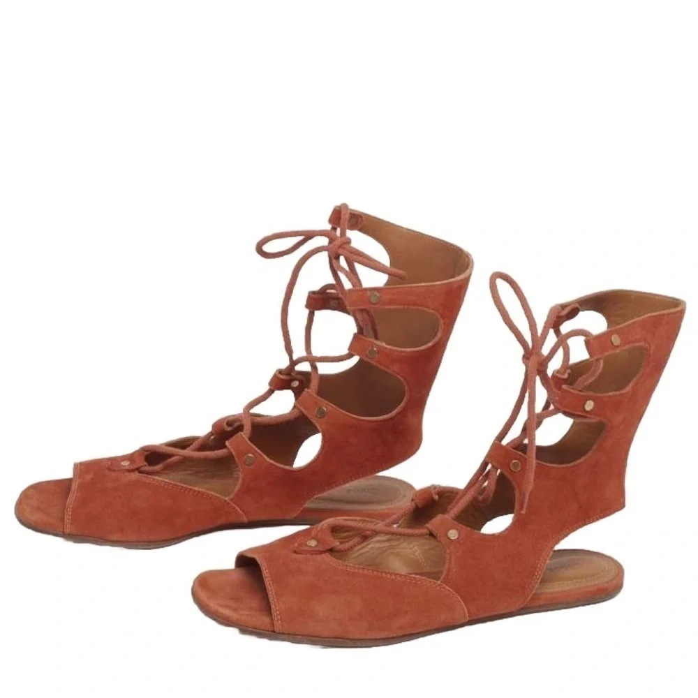 Chloé Rust Orange Sandals Suede Gladiator Lace Up Flat 7.5 Casual Summer Resort